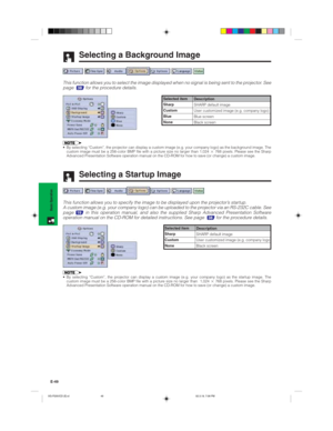 Page 52E-49
Basic Operation
Selecting a Background Image
Selected item
Sharp
Custom
Blue
NoneDescription
SHARP default image
User customized image (e.g. company logo)
Blue screen
Black screen
• By selecting “Custom”, the projector can display a custom image (e.g. your company logo) as the background image. The
custom image must be a 256-color BMP file with a picture size no larger than 1,024  768 pixels. Please see the Sharp
Advanced Presentation Software operation manual on the CD-ROM for how to save (or...