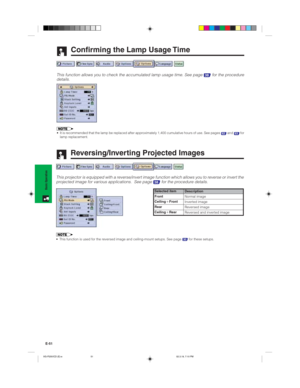 Page 54E-51
Basic Operation
Confirming the Lamp Usage Time
This function allows you to check the accumulated lamp usage time. See page 38 for the procedure
details.
• It is recommended that the lamp be replaced after approximately 1,400 cumulative hours of use. See pages 62 and 63 for
lamp replacement.
Reversing/Inverting Projected Images
This projector is equipped with a reverse/invert image function which allows you to reverse or invert the
projected image for various applications.  See page 38 for the...
