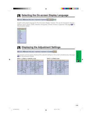 Page 59E-56
Basic Operation
Selecting the On-screen Display Language
English is the preset language for the On-screen Display; however, this can be changed to German,
Spanish, Dutch, French, Italian, Swedish, Portuguese, Chinese, Korean or Japanese. See page 
38 for
the procedure details.
Displaying the Adjustment Settings
This function can be used to display all the adjusted settings on the screen simultaneously. See page38 for the procedure details.
INPUT 1, 2 (RGB) or 3 (DIGITAL) mode INPUT 4, 5 (VIDEO)...