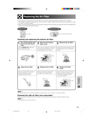 Page 67E-64
Maintenance &
Troubleshooting
• This projector is equipped with two air filters to ensure the optimal operating condition of the projector.
• The air filters should be cleaned every 100 hours of use. Clean the filters more often when the projector is used
in a dusty or smoky location.
• Have your nearest Sharp Authorized LCD Projector Dealer or Service Center exchange the filter (PFILD0080CEZZ)
when it is no longer possible to clean it.
Replacing the Air Filter
46Clean the air filter.5Replace the...