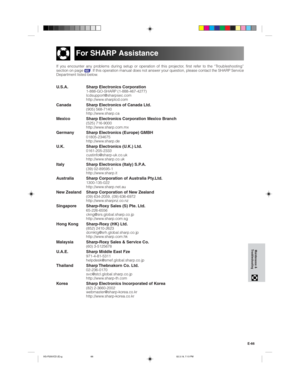 Page 69E-66
Maintenance &
Troubleshooting
If you encounter any problems during setup or operation of this projector, first refer to the “Troubleshooting”
section on page 65. If this operation manual does not answer your question, please contact the SHARP Service
Department listed below.
U.S.A. Sharp Electronics Corporation1-888-GO-SHARP (1-888-467-4277)
lcdsupport@sharpsec.com
http://www.sharplcd.com
Canada Sharp Electronics of Canada Ltd.(905) 568-7140
http://www.sharp.ca
Mexico Sharp Electronics Corporation...