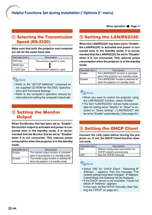 Page 66-64
q qq q
q Selecting the Transmission
Speed (RS-232C)
Make sure that both the projector and computer
are set for the same baud rate.
Note
•Refer to the “SETUP MANUAL” contained on
the supplied CD-ROM for RS-232C Specifica-
tions and Command Settings.
•Refer to the computer’s operation manual for
instructions for setting the computer’s baud rate.
w ww w
w Setting the Monitor
Output
When the Monitor Out has been set to “Enable”,
the monitor output is activated and power is con-
sumed even in the standby...