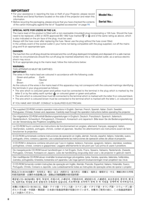 Page 2ii
IMPORTANT
• •• •
•For your assistance in reporting the loss or theft of your Projector, please record
the Model and Serial Numbers located on the side of the projector and retain this
information.
• •• •
•Before recycling the packaging, please ensure that you have checked the contents
of the carton thoroughly against the list of “Supplied accessories” on page 11.Model No.:
Serial No.:
SPECIAL NOTE FOR USERS IN THE U.K.
The mains lead of this product is fitted with a non-rewireable (moulded) plug...