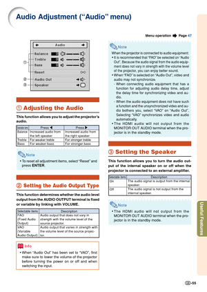 Page 57Useful Features
-55
Audio Adjustment (“Audio” menu)
1 11 1
1 Adjusting the Audio
This function allows you to adjust the projector’s
audio.
Note
•To reset all adjustment items, select “Reset” and
press ENTER.
2 22 2
2 Setting the Audio Output Type
This function determines whether the audio level
output from the AUDIO OUTPUT terminal is fixed
or variable by linking with VOLUME.
Info
•When “Audio Out” has been set to “VAO”, first
make sure to lower the volume of the projector
before turning the power on or...