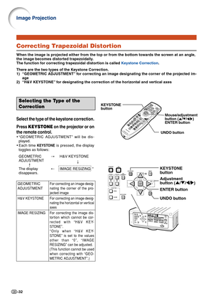 Page 34-32
For correcting an image desig-
nating the corner of the pro-
jected image
For correcting an image desig-
nating the horizontal or vertical
axes
For correcting the image dis-
tortion which cannot be cor-
rected with “H&V KEY-
STONE”.
*Only when “H&V KEY-
STONE” is set to the values
other than “0”, “IMAGE
RESIZING” can be adjusted.
(This function cannot be used
when correcting with “GEO-
METRIC ADJUSTMENT”.)
GEOMETRIC
ADJUSTMENT
H&V KEYSTONE
IMAGE RESIZING
↑
↑
Selecting the Type of the
Correction...