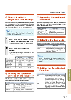 Page 65Useful Features
-63
6 66 6
6 Shortcut to Make
Projector Stack Settings
Normally, settings via web browser are required for
the stack projection. You can skip the settings via
web browser by using “Pair Stack”, only when you
use the two projectors for the stack projection.
Note
•Before setting “Pair Stack”, select “Master” or
“Slave” on “Stack Setting”.
1Select “Pair Stack” on the “Option
2” menu, and then press ENTER.
•The confirmation screen will be displayed.
2Select “OK”, and then press
ENTER.
•The...