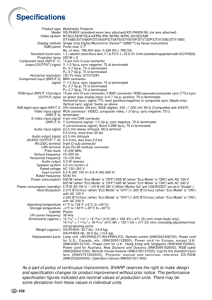 Page 106-102
Specifications
Multimedia Projector
XG-PH50X (standard zoom lens attached)/XG-PH50X-NL (no lens attached)
NTSC3.58/NTSC4.43/PAL/PAL-M/PAL-N/PAL-60/SECAM/
DTV480I/DTV480P/DTV540P/DTV576 I/DTV576P/DTV720P/DTV1035 I/DTV1080 I
Single Chip Digital Micromirror Device
TM (DMDTM) by Texas Instruments
Panel size: 0.7
No. of dots:  786,432 dots (1,024 [H]  × 768 [V])
1.2  × electric zoom/focus lens, F1.8–F2.0, f = 25.6–31.3 mm (standard equipment with X\
G-PH50X)250 W  × 2
15-pin mini D-sub connector
Y:  1.0...