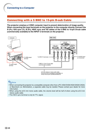 Page 32-28
Connecting with a 5 BNC to 15-pin D-sub Cable
The projector employs a 5 BNC computer input to prevent deterioration of image quality.
When connecting the input terminals on the projector to the computer directly, Connect the
R (P
R), G/G sync (Y), B (PB), HD/C sync and VD cables of the 5 BNC to 15-pin D-sub cable
(commercially available) to the INPUT 2 terminals on the projector.
Note
• When connecting the projector to a compatible computer other than a PC (VGA/SVGA/XGA/SXGA/UXGA)
or Macintosh (i.e....