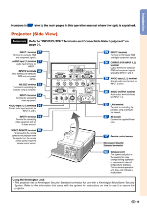 Page 19Introduction
-15
Projector (Side View)
Using the Kensington Lock
•This projector has a Kensington Security Standard connector for use with\
 a Kensington MicroSaver Security
System. Refer to the information that came with the system for instructi\
ons on how to use it to secure the
projector.
Numbers in  refer to the main pages in this operation manual where the topic is explained.
INPUT 1 terminalTerminal for computer RGB 
and component signals.
AUDIO input (1) terminalAudio input terminal for  INPUT...