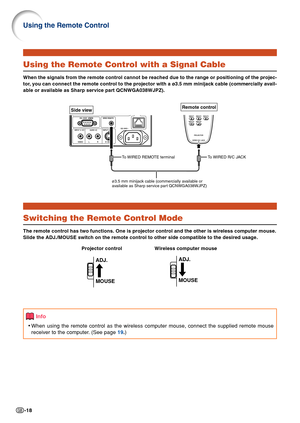 Page 22-18
Using the Remote Control
Using the Remote Control with a Signal Cable
When the signals from the remote control cannot be reached due to the ra\
nge or positioning of the projec-
tor, you can connect the remote control to the projector with a ø3.5 mm minijack cable (commercially avail-
able or available as Sharp service part QCNWGA038WJPZ).
Switching the Remote Control Mode
The remote control has two functions. One is projector control and the o\
ther is wireless computer mouse.
Slide the ADJ./MOUSE...