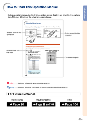 Page 7Introduction
-3
-56
Menu items
The menu can be operated to achieve two functions, adjustments and setti\
ngs. (For setting
the menu items, see pages 58 and  59. )
Using the Menu Screen
Menu Selections (Adjustments)Example: Adjusting “Bright”•This operation can also be performed by using the buttons on the project\
or.
ENTER 
button MENU button
UNDO button
Mouse/ 
adjustment
button (
'/" /\ /| )
Adjustment 
buttons ( '/" /\ /| )
MENU button
UNDO button
ENTER button
Example: “Picture”...