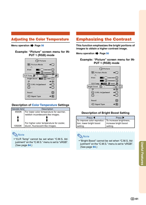 Page 65Useful Features
-61
Adjusting the Color Temperature
Menu operation  Page 56
Example: “Picture” screen menu for IN-
PUT 1 (RGB) mode
Description of  Color Temperature  Settings
Note
• “CLR Temp” cannot be set when “C.M.S. Ad-
justment” on the “C.M.S.” menu is set to “sRGB”.
(See page  64.)
Selectable items
4500K
10500K
Description
F or lower color temperature for warmer,
reddish incandescent-like images.
F or higher color temperature for cooler,
bl uish, fluorescent-like images.
Emphasizing the Contrast...