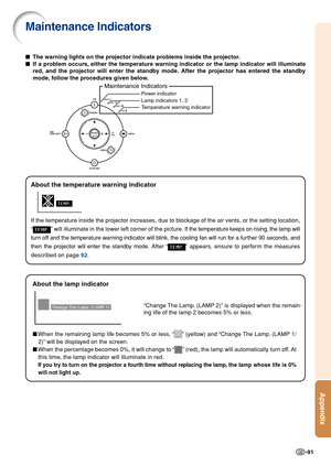 Page 95Appendix
-91
Power indicator
Lamp indicators 1, 2
T emperature warning indicator
Maintenance Indicators
Maintenance Indicators
■ The warning lights on the projector indicate problems inside the projector.
■ If a problem occurs, either the temperature warning indicator or the lamp indicator will ill\
uminate
red, and the projector will enter the standby mode. After the projector has entered the standby
mode, follow the procedures given below.
About the temperature warning indicator
If the temperature...