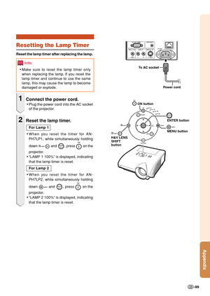 Page 101Appendix
-99
To  AC socket
Power cord
ON button
ENTER button
MENU button
H&V LENS 
SHIFT
button
Resetting the Lamp Timer
Reset the lamp timer after replacing the lamp.
Info
• Make sure to reset the lamp timer only
when replacing the lamp. If you reset the
lamp timer and continue to use the same
lamp, this may cause the lamp to become
damaged or explode.
1Connect the power cord.
• Plug the power cord into the AC socket
of the projector.
2Reset the lamp timer.
For Lamp 1
• When you reset the timer for AN-...