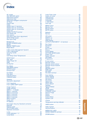 Page 109Appendix
-107
AC soc ket....................................................................... 37
ADJ./MOUSE s witch...................................................... 18
Adjustment buttons ........................................................ 56
Adjustment feet .............................................................. 39
Advanced intelligent  compression.............................. 100
All Reset ........................................................................\
 91
Aspect ratio...