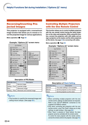 Page 86-84
Reversing/Inverting Pro-
jected Images
This projector is equipped with a reverse/invert
image function that allows you to reverse or in-
vert the projected image for various applications.
Menu operation  Page  58
Example: “Options (2)” screen menu
Description of PRJ Modes
Note
•This function is used for the reversed image and
ceiling-mount setups. (See page  23.)
Description
Normal image
Inverted image
Reversed image
Reversed and inverted image
Selectable items
Front
Ceiling + Front
Rear
Ceiling +...