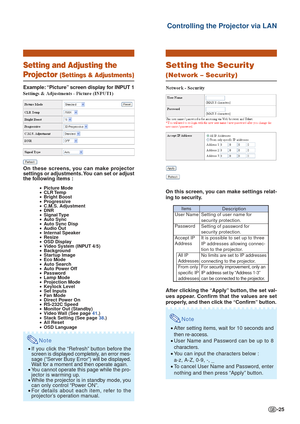 Page 25-25
Controlling the Projector via LAN
Setting and Adjusting the
Projector (Settings & Adjustments)
Example: “Picture” screen display for INPUT 1
On these screens, you can make projector
settings or adjustments. You can set or adjust
the following items :
• Picture Mode
• CLR Temp
• Bright Boost
• Progressive
• C.M.S. Adjustment
• DNR
• Signal Type
• Auto Sync
• Auto Sync  Disp
• Audio Out
• Internal  Speaker
• Resize
• OSD Display
• Video System (INPUT 4/5)
• Background
• Startup Image
• Eco Mode
• Auto...