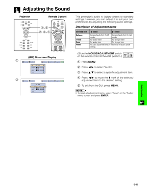 Page 51E-50
Basic Operation
Adjusting the Sound
This projector’s audio is factory preset to standard
settings. However, you can adjust it to suit your own
preferences by adjusting the following audio settings.
(Slide the MOUSE/ADJUSTMENT switch
on the remote control to the ADJ. position.)
1Press MENU.
2Press ß/© to select “Audio”.
3Press ∂/ƒ to select a specific adjustment item.
4Press ß/© to move the 
mark of the selected
adjustment item to the desired setting.
5To exit from the GUI, press MENU.
•To reset all...