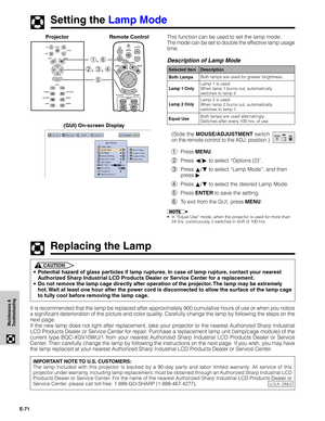 Page 72E-71
Maintenance &
Troubleshooting
This function can be used to set the lamp mode.
The mode can be set to double the effective lamp usage
time.
Description of Lamp Mode
(Slide the MOUSE/ADJUSTMENT switch
on the remote control to the ADJ. position.)
1Press MENU.
2Press ß/© to select “Options (2)”.
3Press ∂/ƒ to select “Lamp Mode”, and then
press ©.
4Press ∂/ƒ to select the desired Lamp Mode.
5Press ENTER to save the setting.
6To exit from the GUI, press MENU.
•In “Equal Use” mode, when the projector is...