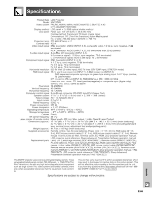 Page 87E-86
Appendix
Specifications
Product type
Model
Video system
Display method
LCD panel
Projection lamp
Contrast ratio
Video input signal
S-video input signal
Component input signal
Horizontal resolution
RGB input signal
Pixel clock
Vertical frequency
Horizontal frequency
Computer control signal
Speaker system
Rated voltage
Input current
Rated frequency
Power consumption
Power dissipation
Operating temperature
Storage temperature
Cabinet
I/R carrier frequency
Laser pointer of remote control
Dimensions...