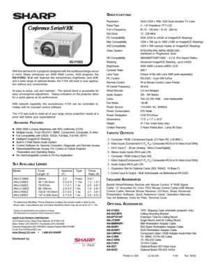 Page 1SHARP ELECTRONICS CORPORATION
LCD Products Group, Sharp Plaza, Mahwah, NJ 07430-2135
Sales “Hotline” (201) 529-8731 / Fax Number (201) 529-9636
Corporate Headquarters (201) 529-8200 / Literature Faxback (630) 378-9987
E-mail: ProLCD@SharpSEC.com
www.SharpLCD.com   •   1-888-GO-SHARP
INCLUDED ACCESSORIES
INPUTS/OUTPUTS
SPECIFICATIONS
 ADVANCED FEATURES
SIX AVAILABLE LENSES
Printed in USALC-02-204 11/00Rev 09/02 Resolution XGA (1024 x 768) / 620 Scan-doubled TV Lines
Panel Type 3 - 1.8” Polysilicon TFT...