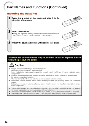 Page 1814
• Danger of explosion if battery is incorrectly replaced.
Replace only with the same or equivalent type.
• Insert the batteries making sure the polarities correctly match the m and n marks inside the battery
compartment.
• Batteries of different types have different properties, therefore do not mix batteries of different types.
• Do not mix new and old batteries.
This may shorten the life of new batteries or may cause old batteries to leak.
• Remove the batteries from the remote control once they have...