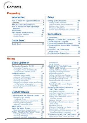 Page 84
Contents
Preparing
Introduction
How to Read this Operation Manual .... 3
Contents ............................................... 4
IMPORTANT SAFEGUARDS ............... 6
How to Access the PDF Operation
Manuals .............................................. 9
Accessories ........................................ 10
Part Names and Functions ................. 11
Inserting the Batteries.......................... 14
Usable Range...................................... 15
Quick Start
Quick Star t...