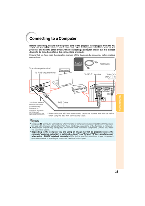 Page 2523
Connections
Connecting to a Computer
To RGB output terminal To audio output terminalRGB Cable
* ø3.5 mm stereo or
mono audio cable
(commercially
available or
available as Sharp
service part
QCNWGA038WJPZ)RGB Cable Before connecting, ensure that the power cord of the projector is unplugged from the AC
outlet and turn off the devices to be connected. After making all connections, turn on the
projector and then the other devices. When connecting a computer, ensure that it is the last
device to be turned...