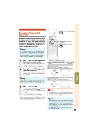 Page 3331
Basic
Operation
0 KeystoneADJ. END
Correcting Trapezoidal
Distortion
When the image is projected either from
the top or from the bottom towards the
screen at an angle, the image becomes
distorted trapezoidally. The function for
correcting trapezoidal distortion is
called Keystone Correction.
• The Keystone Correction can be adjusted up
to an angle of approximately ±13 degrees and
the screen can also be set up to an angle of
approximately ±13 degrees (when the resize
mode is set to “NORMAL” (see page...