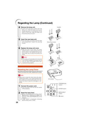 Page 5654
Regarding the Lamp (Continued)
Remove the lamp unit.• Loosen the securing screws from the
lamp unit. Hold the lamp unit by the
handle and pull it in the direction of the
arrow. At this time, keep the lamp unit
horizontal and do not tilt it.
Resetting the Lamp Timer
Reset the lamp timer after replacing the lamp.
Insert the new lamp unit.• Press the lamp unit firmly into the lamp
unit compartment. Fasten the securing
screws.
Replace the lamp unit cover.• Align the tab on the lamp unit cover
(1)and place...