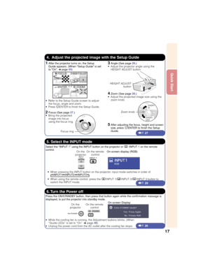 Page 2117
Quick Start
5After adjusting the focus, height and screen
size, press TENTER to finish the Setup
Guide.
4.  Adjust the projected image with the Setup Guide
2
Focus (See page 27.)
• Bring the projected
image into focus
using the focus ring.
4Zoom (See page 28.)
• Adjust the projected image size using the
zoom knob.
3Angle (See page 28.)
• Adjust the projector angle using the
HEIGHT ADJUST button.
Select the “INPUT 1” using the INPUT button on the projector or C INPUT 1 on the remote
control.
5. Select...