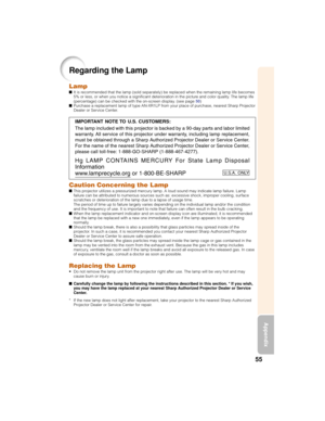 Page 5955
Appendix
Regarding the Lamp
Lamp■It is recommended that the lamp (sold separately) be replaced when the remaining lamp life becomes
5% or less, or when you notice a significant deterioration in the picture and color quality. The lamp life
(percentage) can be checked with the on-screen display. (see page 50)
■Purchase a replacement lamp of type AN-XR1LP from your place of purchase, nearest Sharp Projector
Dealer or Service Center.
Caution Concerning the Lamp■This projector utilizes a pressurized...