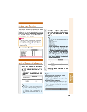 Page 5349
Useful
Features
Note
Info
System Lock Function
This function prevents unauthorized use of the
projector. Once this function is activated, users
must enter the correct keycode each time the
projector is turned on. We suggest you record
the keycode in a safe place where only au-
thorized users have access.
Input screen for keycode
• If you lose or forget your keycode, contact your
nearest Sharp Authorized Projector Dealer or
Service Center (see page 62). Even if the prod-
uct warranty is valid, the...