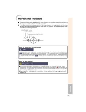 Page 5753
Appendix
Maintenance Indicators
About the lamp indicator
■When the remaining lamp life becomes 5% or less,  (yellow) and “Change The Lamp” will be
displayed on the screen. When the percentage becomes 0%, it will change to  (red), the lamp will
automatically turn off and then the projector will automatically enter standby mode. At this time, the
lamp indicator will illuminate in red.
■If you try to turn on the projector a fourth time without replacing the lamp, the projector will
not turn on.
About the...