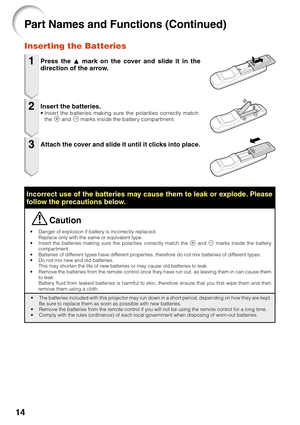 Page 1814
• Danger of explosion if battery is incorrectly replaced.
Replace only with the same or equivalent type.
• Insert the batteries making sure the polarities correctly match the m and n marks inside the battery
compartment.
• Batteries of different types have different properties, therefore do not mix batteries of different types.
• Do not mix new and old batteries.
This may shorten the life of new batteries or may cause old batteries to leak.
• Remove the batteries from the remote control once they have...