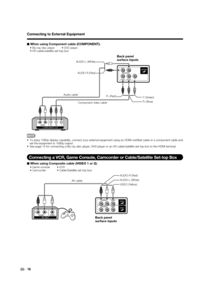 Page 1816
Connecting to External Equipment
■ When using Component cable (COMPONENT):
•Blu-ray disc player     •DVD player• HD cable/satellite set-top box
COMPONENT OUT
Back panel
surface inputs
AUDIO-R (Red) AUDIO-L (White)
Y (Green)
P
B (Blue) P
R (Red) Audio cable
Component video cable
•  To enjoy 1080p display capability, connect your external equipment using an HDMI-certiﬁ ed cable or a component cable and 
set the equipment to 1080p output.
•  See page 15 for connecting a Blu-ray disc player, DVD player or...