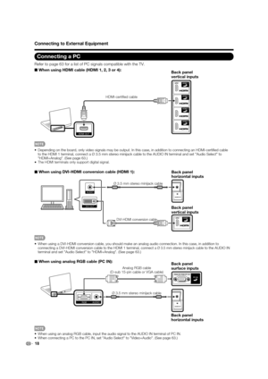 Page 2018
Connecting a PC
Refer to page 63 for a list of PC signals compatible with the TV.
■ When using HDMI cable (HDMI 1, 2, 3 or 4):
HDMI OUT
Back panel 
vertical inputs
HDMI-certiﬁed cable
•  Depending on the board, only video signals may be output. In this case, in addition to connecting an HDMI-certiﬁ ed cable 
to the HDMI 1 terminal, connect a Ø 3.5 mm stereo minijack cable to the AUDIO IN terminal and set "Audio Select" to 
"HDMI+Analog". (See page 63.)
•
The HDMI terminals only support...