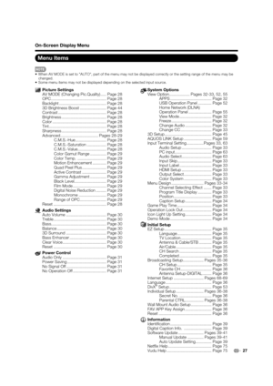 Page 29
27
On-Screen Display Menu
Menu Items
System Options
View Option .................. Pages 32-33, 52, 55
APPS .................................... Page  32
USB Operation Panel ............ Page 52
Home Network (DLNA) 
Operation Panel .................... Page 55
View Mode ............................ Page 32
Freeze ................................... Page  32
Change Audio ....................... Page 32
Change CC ........................... Page 33
3D Setup ......................................... Page...