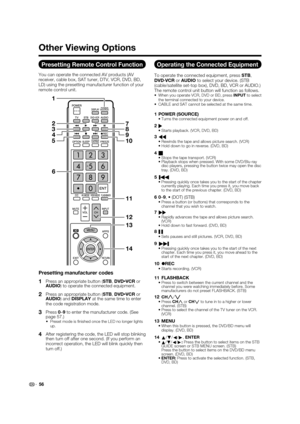 Page 5856
Presetting Remote Control Function
You can operate the connected AV products (AV 
receiver, cable box, SAT tuner, DTV, VCR, DVD, BD, 
LD) using the presetting manufacturer function of your 
remote control unit.
14
12
11
6
13
10
8
9
7
54 32
1
Presetting manufacturer codes
1   Press an appropriate button (STB,DVD•VCR or 
AUDIO) to operate the connected equipment.
2   Press an appropriate button (STB,DVD•VCR or 
AUDIO) and DISPLAY at the same time to enter 
the code registration mode.
3   Press 0–9 to...