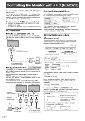 Page 3232E
Controlling the Monitor with a PC (RS-232C)
You	can	control	this	monitor	from	a	PC	via	RS-232C	(COM	
port)	on	the	PC.
You can also connect multiple monitors via a daisy chain by 
using	a	PC.	By	assigning	ID	numbers	to	each	monitor	(see	
page	34),	you	can	make	input	mode	selection/adjustment	or	
can	check	the	status	of	a	specific	monitor.Precautions when the PN-ZB02 (optional) is attached
•	 To	control	the	monitor	via	RS-232C,	set	RS-232C/LAN	 SELECT 	to	RS-232C.
•	 You	cannot	use	RS-232C	and 	LAN...