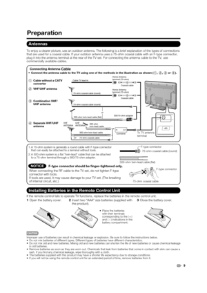 Page 11 9
Antennas
To enjoy a clearer picture, use an outdoor antenna. The following is a b\
rief explanation of the types of connections 
that are used for a coaxial cable. If your outdoor antenna uses a 75-ohm\
 coaxial cable with an F-type connector, 
plug it into the antenna terminal at the rear of the TV set. For connect\
ing the antenna cable to the TV, use 
commercially available cables.
300-ohm twin-lead cable
75-ohm coaxial cable (round)
75-ohm coaxial cableIN OUT
300-ohm 
twin-lead cable
VHFANTENNA...