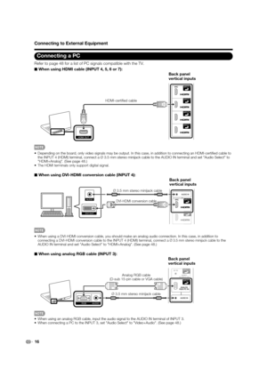 Page 18 16
Connecting a PC
Refer to page 48 for a list of PC signals compatible with the TV.
■ When using HDMI cable (INPUT 4, 5, 6 or 7):
HDMI OUT
Back panel 
vertical inputs
HDMI-certied cable
 Depending on the board, only video signals may be output. In this case, \
in addition to connecting an HDMI-certi ed cable to 
the INPUT 4 (HDMI) terminal, connect a Ø 3.5 mm stereo minijack cab\
le to the AUDIO IN terminal and set Audio Select to 
HDMI+Analog. (See page 48.)

The HDMI terminals only support digital...