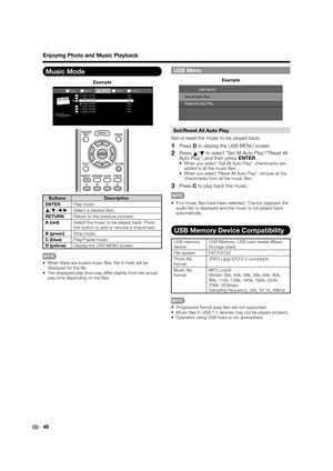 Page 42 40
Enjoying Photo and Music Playback
Music Mode
...
...music 5music 4music 2music 1music 3SONG_01.MP3
SONG_02.MP3
SONG_03.MP3
SONG_04.MP3
SONG_05.MP3
SONG_06.MP3
SONG_07.MP3 3:42
4:55
4:08
4:20
3:55
4:26
4:35
SONG_03.MP3
0:14 / 4:35
Example
Buttons Description
ENTER Play music.
a /b /c
/d
Select a desired item.
RETURN Return to the previous process.
A (red) Select the music to be played back. Press 
this button to add or remove a checkmark.
B (green) Stop music.
C (blue) Play/Pause music.
D (yellow)...