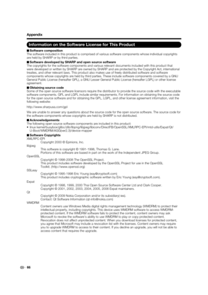 Page 68 66
Information on the Software License for This Product
Software composition
The software included in this product is comprised of various software c\
omponents whose individual copyrights 
are held by SHARP or by third parties.
Software developed by SHARP and open source software
The copyrights for the software components and various relevant document\
s included with this product that 
were developed or written by SHARP are owned by SHARP and are protected \
by the Copyright Act, international...