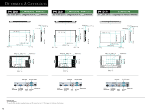 Page 1210
Dimensions & Connections
60" Class (601⁄16" Diagonal) Full HD LCD Monitor
PN-E601LANDSCAPE / PORTRAIT
Unit: mm (inch)
* Screen dimensions
*  To  use the VESA-standar d mounting bracket, use M6 scr ews that are 8 to 10 mm plus the thickness of the bracket.
38 (1 1/2) 38 (1 1/2)
566 (22 
5/16)
973 (38 5/16)
527* (20 
3/4)
934* (36 3/4)
56.5 (2 1/4)
126 (4 
15/16)
66 (2 5/8)
20 (13/16)
93 (3 
11/16)
200 (7 
7/8)
200 (7 7/8)
200 (7 
7/8)
200 (7 
7/8)
VESA holes* 
399 (15 11/16)
275.5 (10 
7/8)
37...