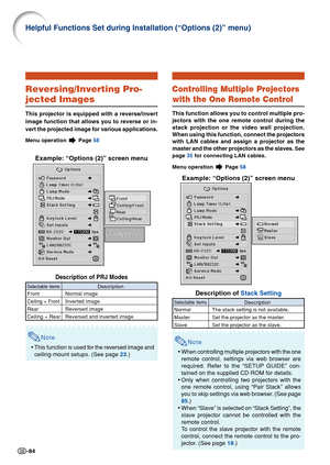 Page 88-84
Reversing/Inverting Pro-
jected Images
This projector is equipped with a reverse/invert
image function that allows you to reverse or in-
vert the projected image for various applications.
Menu operation  Page 58
Example: “Options (2)” screen menu
Description of PRJ Modes
Note
•This function is used for the reversed image and
ceiling-mount setups. (See page  23.)
Description
Normal image
Inverted image
Reversed image
Reversed and inverted image
Selectable items
Front
Ceiling + Front
Rear
Ceiling +...