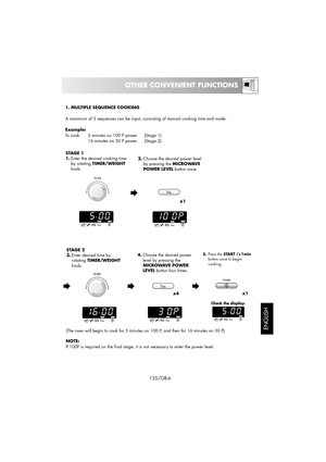 Page 21135/GB-6
OTHER CONVENIENT FUNCTIONS
ENGLISH
1. MULTIPLE SEQUENCE COOKING
A maximum of 3 sequences can be input, consisting of manual cooking time and mode.
Example:
To cook: 5 minutes on 100 P power  (Stage 1)
16 minutes on 30 P power (Stage 2)
STAGE 1
1.Enter the desired cooking time
by rotating TIMER/WEIGHT
knob.
x1 2.Choose the desired power level
by pressing the MICROWAVE
POWER LEVELbutton once.
STAGE 2
3.Enter desired time by
rotating TIMER/WEIGHT
knob.
x4 4.Choose the desired power
level by...