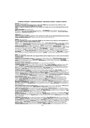 Page 41155
• ADDRESSES D’ENTRETIEN• ONDERHOUDSADRESSEN• DIRECCIONES DE SERVICIO• INDIRIZZI DI SERVIZIO•
BELGIUM - http://www.sharp.be
En cas d´une réclamation concernant une four a micro-onde SHARP, nous vous prions de vous adresser à votre
spècialiste ou à une adresse des SHARP Services suivantes.
Indien uw magnetron problemen geeft kunt u zich wenden tot uw dealer of een van de onderstaande Sharp service
centra.
SHARP ELECTRONICS, Phone: 0900-10158
AVTC, Kleine Winkellaan 54,1853 Strombeek-Bever, 02/2674019...