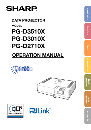 Page 1IntroductionEasy Start
SetupConnectionsBasic            
OperationUseful        
Features
Appendix
OPERATION MANUAL
DATA PROJECTOR
MODEL
PG-D3510X
PG-D3010X
PG-D2710X 