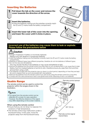 Page 1915
IntroductionInserting the Batteries
1  Pull down the tab on the cover and remove the 
cover towards the direction of the arrow.
2 Insert the batteries.Insert the batteries making sure the polarities correctly match 
the m and n marks inside the battery compartment.
3  Insert the lower tab of the cover into the opening, 
and lower the cover until it clicks in place.
Incorrect use of the batteries may cause them to leak or explode. 
Please follow the precautions below
Caution
Danger of explosion if...